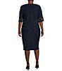 Color:Navy - Image 2 - Plus Size 3/4 Sleeve Mesh Embroidered Crew Neck 2-Piece Jacket Dress