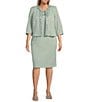 Color:Dusty Sage - Image 1 - Plus Size 3/4 Sleeve Round Neck Embroidered Mesh Trim Textured 2-Piece Jacket Dress