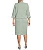 Color:Dusty Sage - Image 2 - Plus Size 3/4 Sleeve Round Neck Embroidered Mesh Trim Textured 2-Piece Jacket Dress