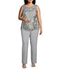 Color:Platinum - Image 3 - Plus Size Crew Neck 3/4 Sleeve Embroidered Georgette 3-Piece Duster Pant Set