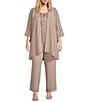 Color:Latte - Image 1 - Plus Size Georgette 3/4 Bell Sleeve Embroidered Sequin Scoop Neck 3-Piece Pant Set