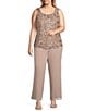 Color:Latte - Image 3 - Plus Size Georgette 3/4 Bell Sleeve Embroidered Sequin Scoop Neck 3-Piece Pant Set