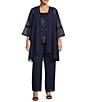 Color:Navy - Image 1 - Plus Size Georgette 3/4 Bell Sleeve Embroidered Sequin Scoop Neck 3-Piece Pant Set