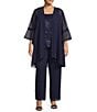 Le Bos Plus Size Georgette 3/4 Bell Sleeve Embroidered Sequin Scoop Neck 3-Piece Pant Set, Color:Navy - Image 1