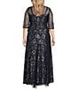 Color:Navy/Silver - Image 2 - Plus Size Round Neck 3/4 Sleeve Metallic Lace Peplum Long Gown