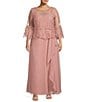 Color:Rose Gold - Image 1 - Plus Size Pearl Trim Scoop Neck 3/4 Bell Sleeve Lace Popover Cascading A-Line Gown