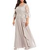 Color:Stone - Image 1 - Plus Size Pearl Trim Scoop Neck 3/4 Bell Sleeve Lace Popover Cascading A-Line Gown
