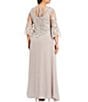 Color:Stone - Image 2 - Plus Size Pearl Trim Scoop Neck 3/4 Bell Sleeve Lace Popover Cascading A-Line Gown