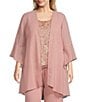 Color:Rose Gold - Image 5 - Plus Size Scoop Neck 3/4 Sleeve 3-Piece Bell Sleeve Duster Pant Set