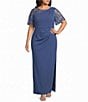 Le Bos Plus Size Sequin Mesh Trim Ruched Shoulder Long Dress - Image 1