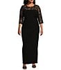 Le Bos Plus Size Stretch Sequin Lace Mesh Crew Neck 3/4 Illusion Sleeve Back Slit Column Dress, Color:Black - Image 1