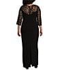 Le Bos Plus Size Stretch Sequin Lace Mesh Crew Neck 3/4 Illusion Sleeve Back Slit Column Dress, Color:Black - Image 2
