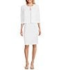 Color:White - Image 1 - Round Neck 3/4 Sleeve Embroidered Mesh Trim Textured 2-Piece Jacket Dress