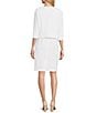 Color:White - Image 2 - Round Neck 3/4 Sleeve Embroidered Mesh Trim Textured 2-Piece Jacket Dress