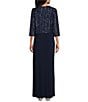 Le Bos Sequin ITY Round Illusion Neck Long Sleeve Jacket Dress, Color:Navy - Image 2
