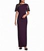 Le Bos Sequin Mesh Trim Ruched Shoulder Long Dress - Image 1