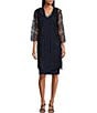 Color:Navy - Image 1 - Stretch Knit 3/4 Sleeve Beaded V-Neck Lace 2-Piece Jacket Dress