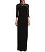 Le Bos Stretch Sequin Lace Mesh Crew Neck 3/4 Illusion Sleeves Back Slit Column Dress, Color:Black - Image 1