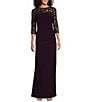 Le Bos Stretch Sequin Lace Mesh Crew Neck 3/4 Illusion Sleeves Back Slit Column Dress, Color:Light Eggplant - Image 1