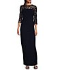 Le Bos Stretch Sequin Lace Mesh Crew Neck 3/4 Illusion Sleeves Back Slit Column Dress, Color:Navy - Image 1