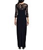 Le Bos Stretch Sequin Lace Mesh Crew Neck 3/4 Illusion Sleeves Back Slit Column Dress, Color:Navy - Image 2