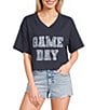 Le Lis Short Sleeve V-Neck Game Day Lace Cropped Tee - Image 1
