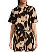 Le' AL.X Le'AL.X Coordinating Printed Button Front Short Sleeve Cropped Camp Shirt, Color:Black/Multi - Image 1
