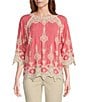 Color:Living Coral/Ivory - Image 1 - Contrast Embroidered Lace Scoop Neck Scallop Edge 3/4 Sleeve Top