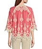 Color:Living Coral/Ivory - Image 2 - Contrast Embroidered Lace Scoop Neck Scallop Edge 3/4 Sleeve Top