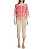 Color:Living Coral/Ivory - Image 3 - Contrast Embroidered Lace Scoop Neck Scallop Edge 3/4 Sleeve Top