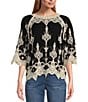 Color:Black/Ivory - Image 1 - Contrast Embroidered Lace Scoop Neck Scallop Edge 3/4 Sleeve Top