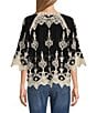 Color:Black/Ivory - Image 2 - Contrast Embroidered Lace Scoop Neck Scallop Edge 3/4 Sleeve Top