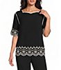 Leo & Nicole Embroidered Scalloped Elbow Sleeve Top - Image 1