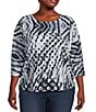 Color:Black/White Abstract Dot Print - Image 1 - Plus Size Abstract Dot Print Textured Knit Crew Neck 3/4 Dolman Sleeve Hi-Low Top