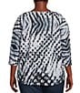 Color:Black/White Abstract Dot Print - Image 2 - Plus Size Abstract Dot Print Textured Knit Crew Neck 3/4 Dolman Sleeve Hi-Low Top