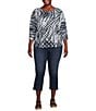 Color:Black/White Abstract Dot Print - Image 3 - Plus Size Abstract Dot Print Textured Knit Crew Neck 3/4 Dolman Sleeve Hi-Low Top