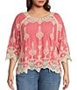 Color:Living Coral/Ivory - Image 1 - Plus Size Contrast Embroidered Lace Scoop Neck Scallop Edge 3/4 Sleeve Top