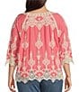 Color:Living Coral/Ivory - Image 2 - Plus Size Contrast Embroidered Lace Scoop Neck Scallop Edge 3/4 Sleeve Top