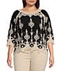 Color:Black/Ivory - Image 1 - Plus Size Contrast Embroidered Lace Scoop Neck Scallop Edge 3/4 Sleeve Top