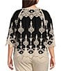 Color:Black/Ivory - Image 2 - Plus Size Contrast Embroidered Lace Scoop Neck Scallop Edge 3/4 Sleeve Top