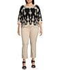 Color:Black/Ivory - Image 3 - Plus Size Contrast Embroidered Lace Scoop Neck Scallop Edge 3/4 Sleeve Top