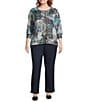Leo & Nicole Plus Size Hacci Knit Patchwork Print Crew Neck 3/4 Sleeve Top, Color:Patchwork - Image 3
