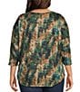 Leo & Nicole Plus Size Hacci Knit Peacock Express Print Crew Neck 3/4 Dolman Sleeve Top, Color:Peacock Express - Image 2