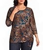 Leo & Nicole Plus Size Jacquard Floral Crew Neck 3/4 Sleeve Cinched Hem Top - Image 1