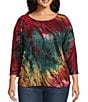 Leo & Nicole Plus Size Jacquard Multi Color Print Crew Neck 3/4 Dolman Sleeve Top, Color:Swagger - Image 1