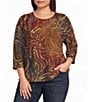 Leo & Nicole Plus Size Jacquard Zebra Print Crew Neck 3/4 Dolman Sleeve Top - Image 1