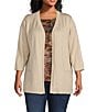 Leo & Nicole Plus Size Pointelle Trim 3/4 Sleeve Open-Front Cardigan, Color:Toasted Almond - Image 1