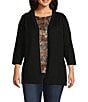 Leo & Nicole Plus Size Pointelle Trim 3/4 Sleeve Open-Front Cardigan, Color:Black - Image 1
