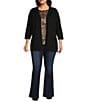 Leo & Nicole Plus Size Pointelle Trim 3/4 Sleeve Open-Front Cardigan, Color:Black - Image 3