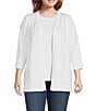 Leo & Nicole Plus Size Pointelle Trim 3/4 Sleeve Open-Front Cardigan, Color:White - Image 1